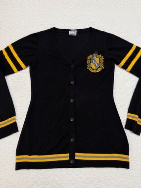 Harry Potter Hufflepuff V-Neck Button Cardigan Black Yellow Women’s Size Medium